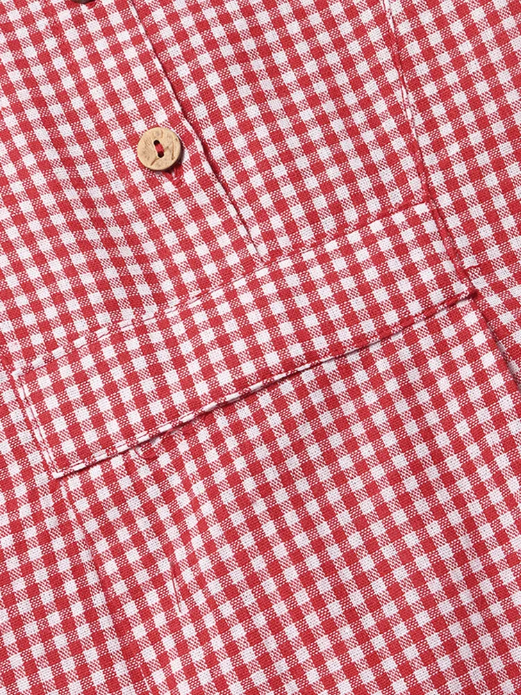 Women Long Sleeve Plaid Buttons Stand Collar Vintage Blouse