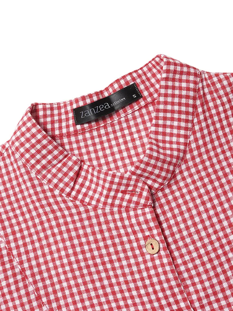 Women Long Sleeve Plaid Buttons Stand Collar Vintage Blouse
