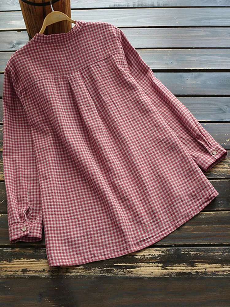 Women Long Sleeve Plaid Buttons Stand Collar Vintage Blouse