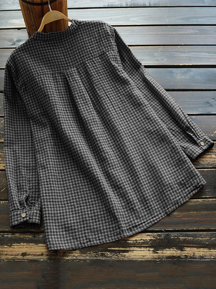 Women Long Sleeve Plaid Buttons Stand Collar Vintage Blouse