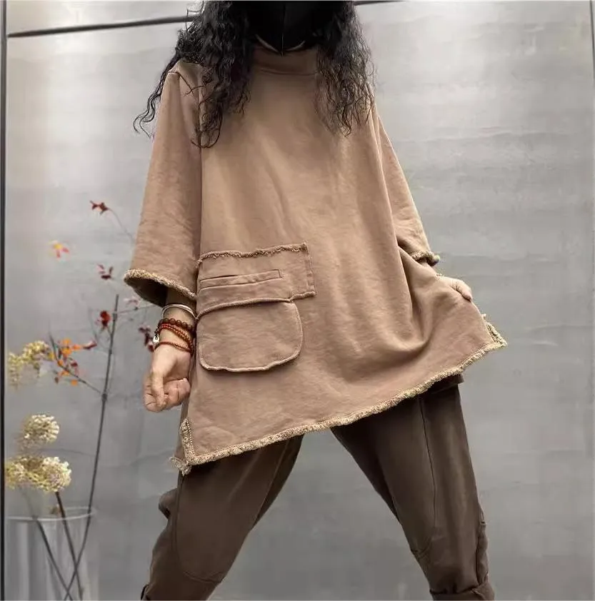 Women Retro Loose Distressed Frayed Hem Blouses