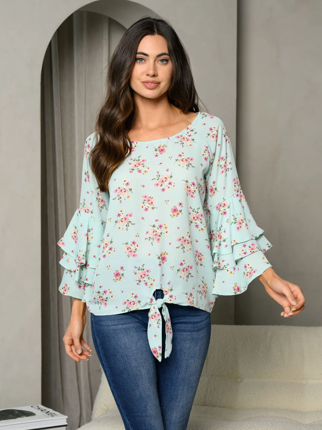 WOMEN'S 3/4 BELL SLEEVE RUFFLE FLORAL FRONT TIE TUNIC TOP