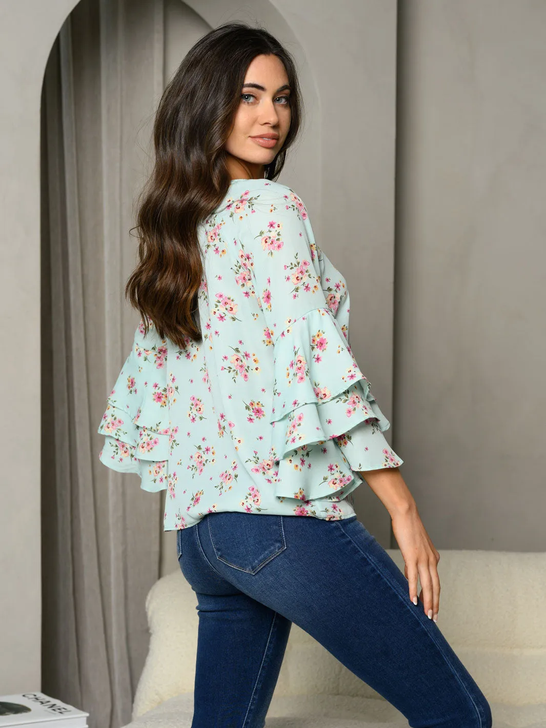WOMEN'S 3/4 BELL SLEEVE RUFFLE FLORAL FRONT TIE TUNIC TOP