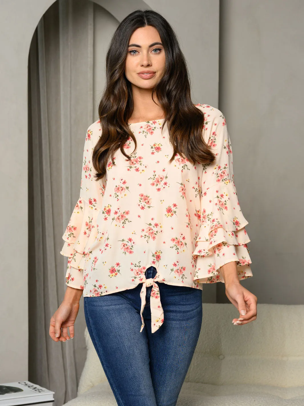 WOMEN'S 3/4 BELL SLEEVE RUFFLE FLORAL FRONT TIE TUNIC TOP