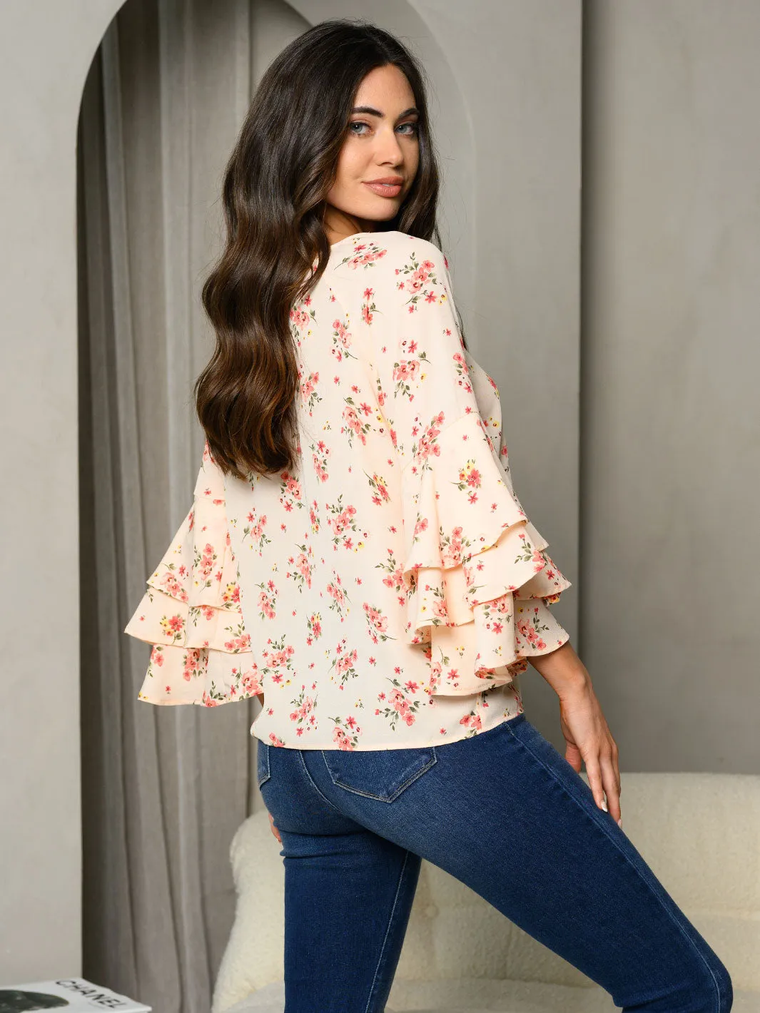WOMEN'S 3/4 BELL SLEEVE RUFFLE FLORAL FRONT TIE TUNIC TOP