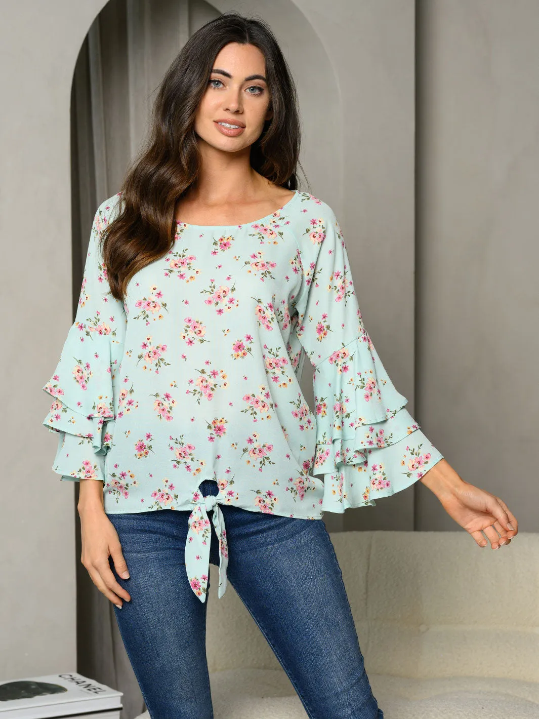 WOMEN'S 3/4 BELL SLEEVE RUFFLE FLORAL FRONT TIE TUNIC TOP