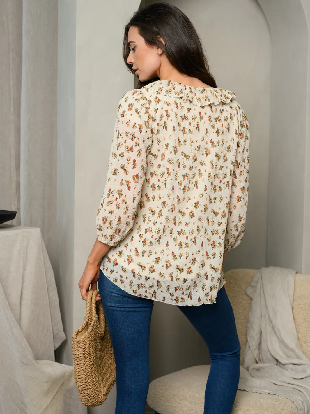 WOMEN'S 3/4 PUFF SLEEVE FLORAL TOP
