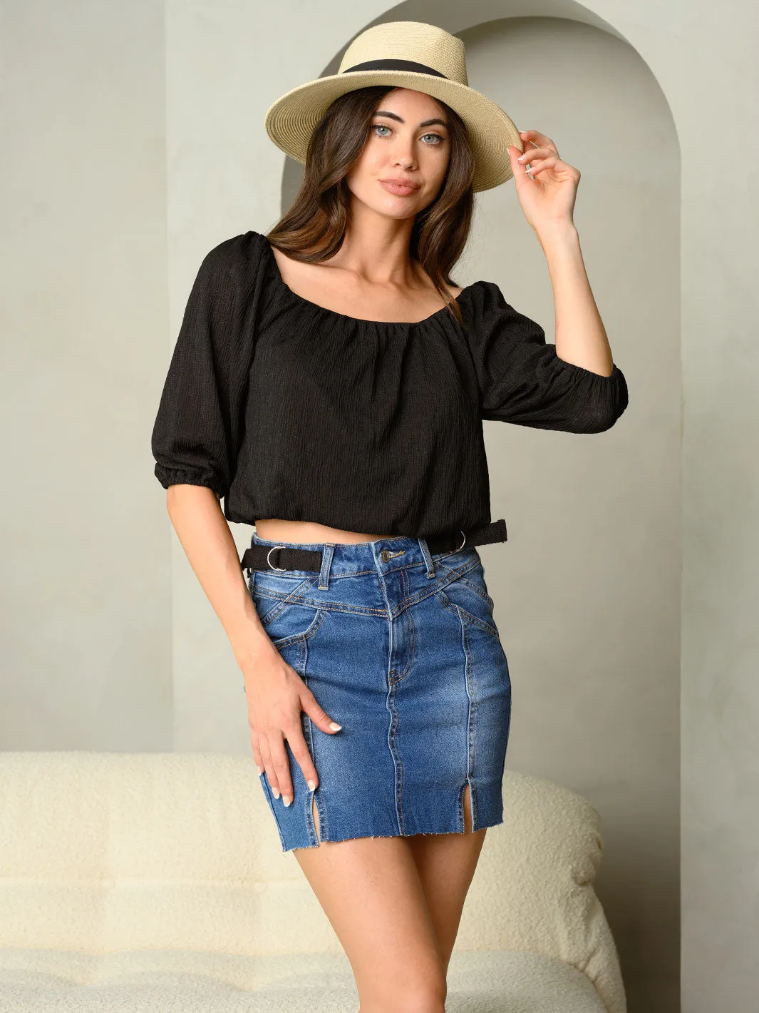 WOMEN'S 3/4 SLEEVES ELASTIC TRIM CROP TOP
