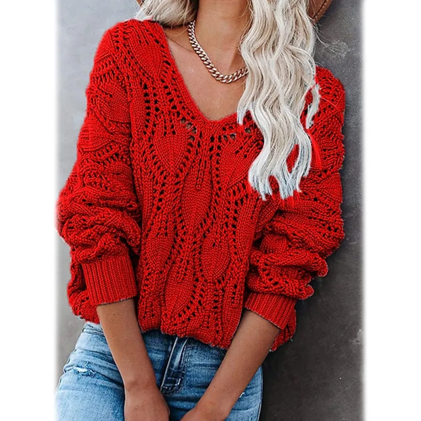 Women's Crochet Hollow Out Knitted V Neck Sweater
