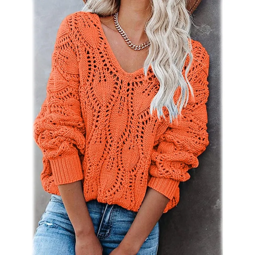 Women's Crochet Hollow Out Knitted V Neck Sweater