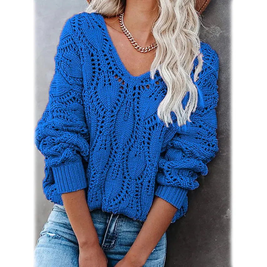 Women's Crochet Hollow Out Knitted V Neck Sweater