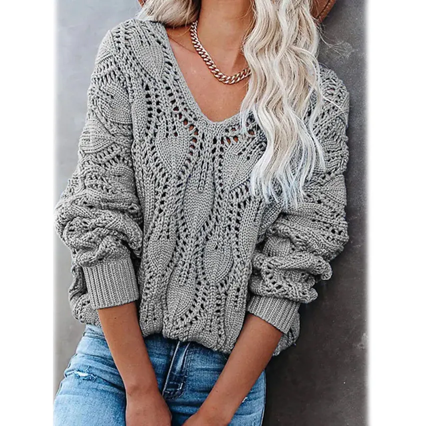 Women's Crochet Hollow Out Knitted V Neck Sweater