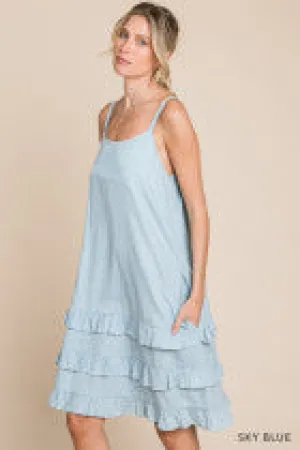 Women's Light Weight Denim Ruffle Hem Detailed Dress