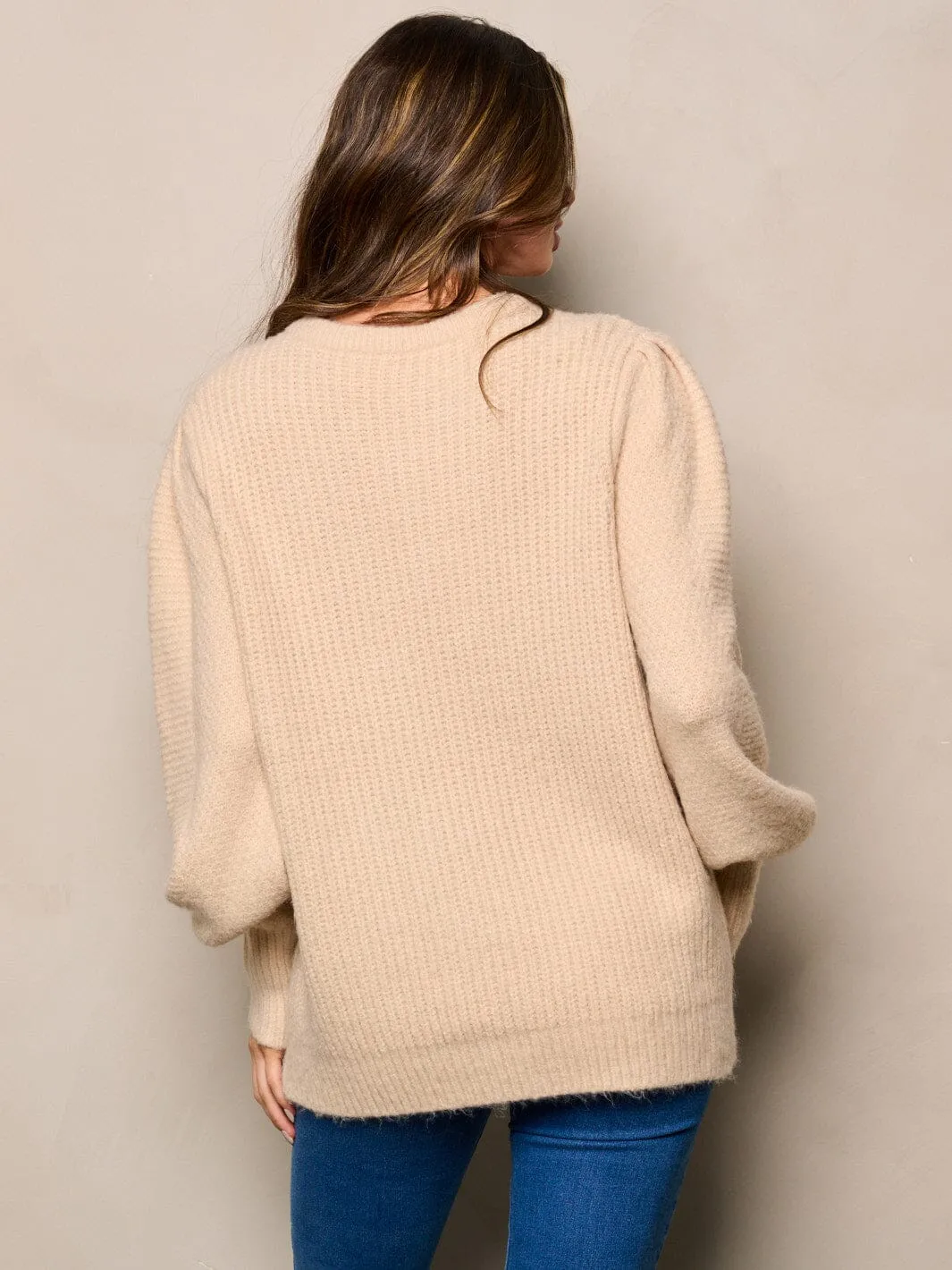 WOMEN'S LONG BALLON SLEEVE FLORAL DETAILED SWEATER