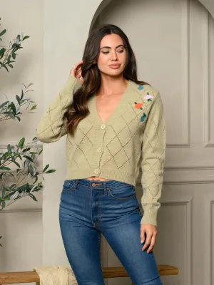 WOMENS LONG SLEEVE BUTTON CLOSURE FLOWER DETAILED SWEATER