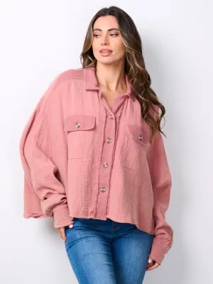 WOMEN'S LONG SLEEVE BUTTON UP OVERSIZED TOP