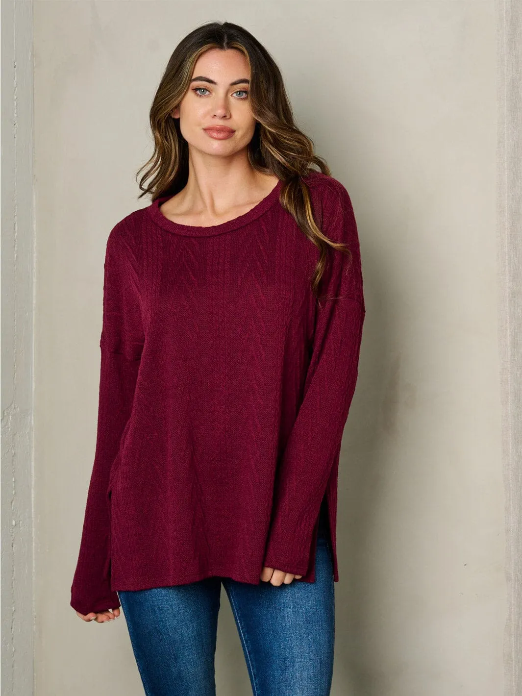 WOMEN'S LONG SLEEVE CABLE KNIT LOOSE FIT TOP