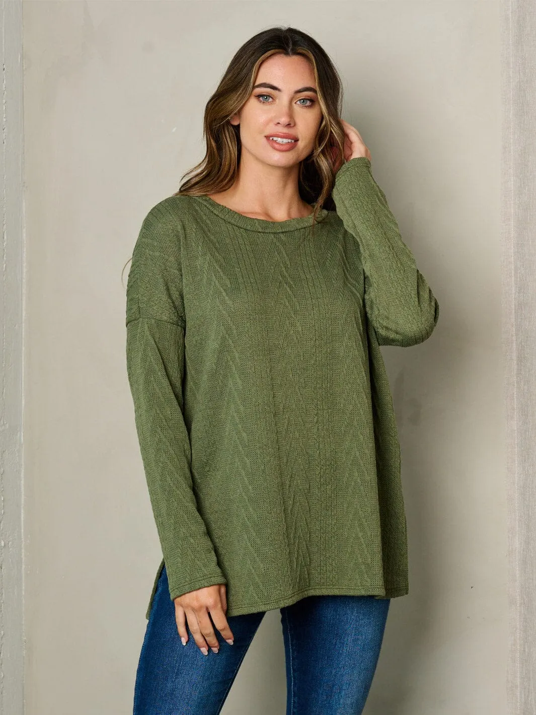 WOMEN'S LONG SLEEVE CABLE KNIT LOOSE FIT TOP