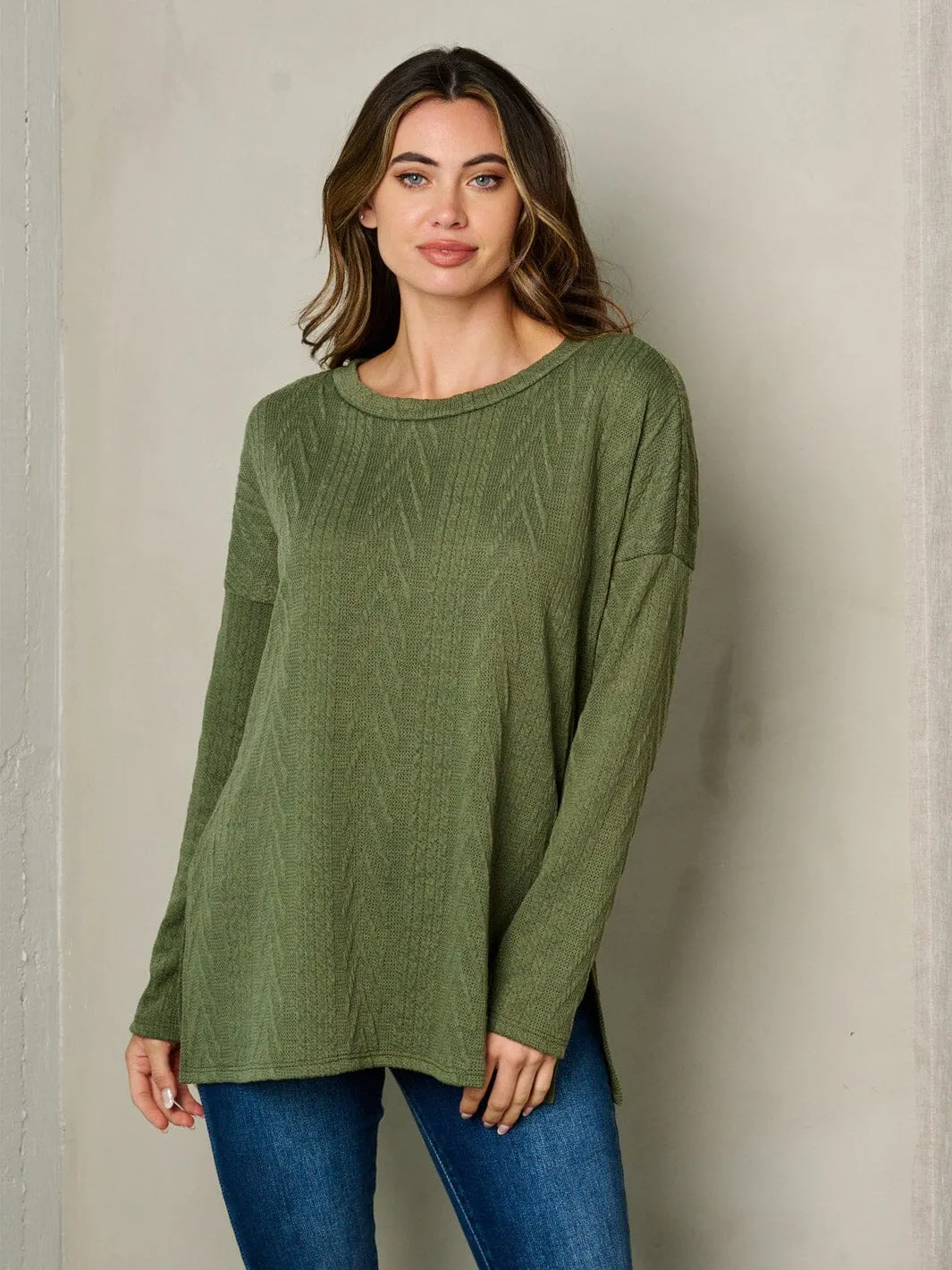 WOMEN'S LONG SLEEVE CABLE KNIT LOOSE FIT TOP