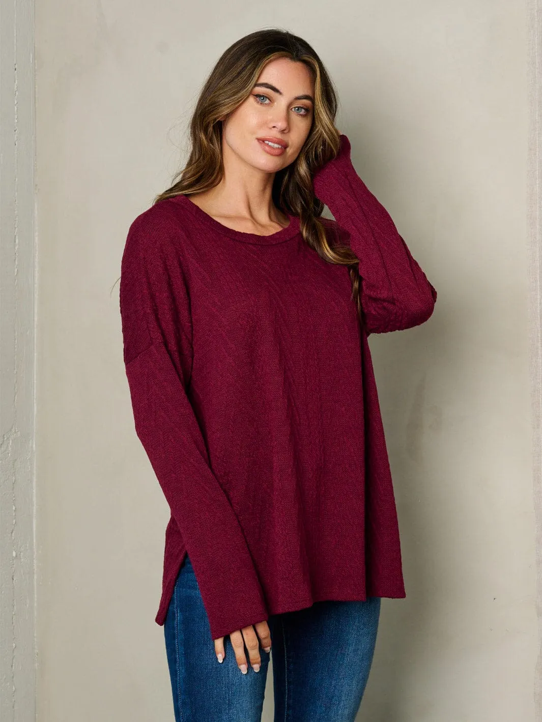 WOMEN'S LONG SLEEVE CABLE KNIT LOOSE FIT TOP