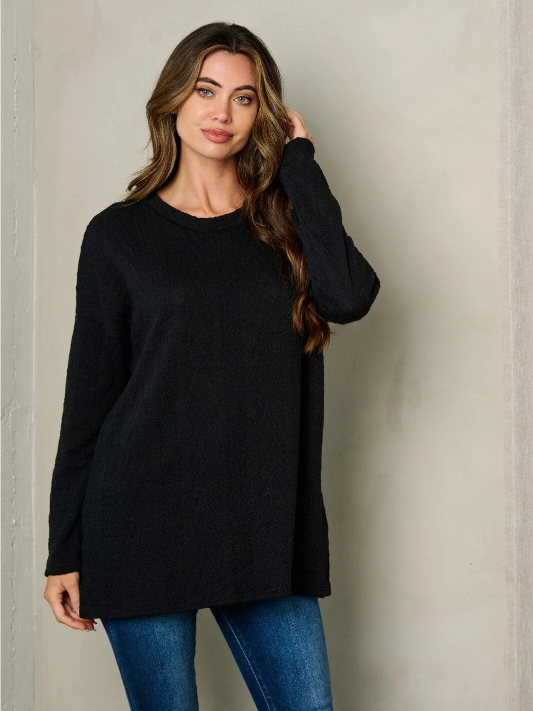 WOMEN'S LONG SLEEVE CABLE KNIT LOOSE FIT TOP