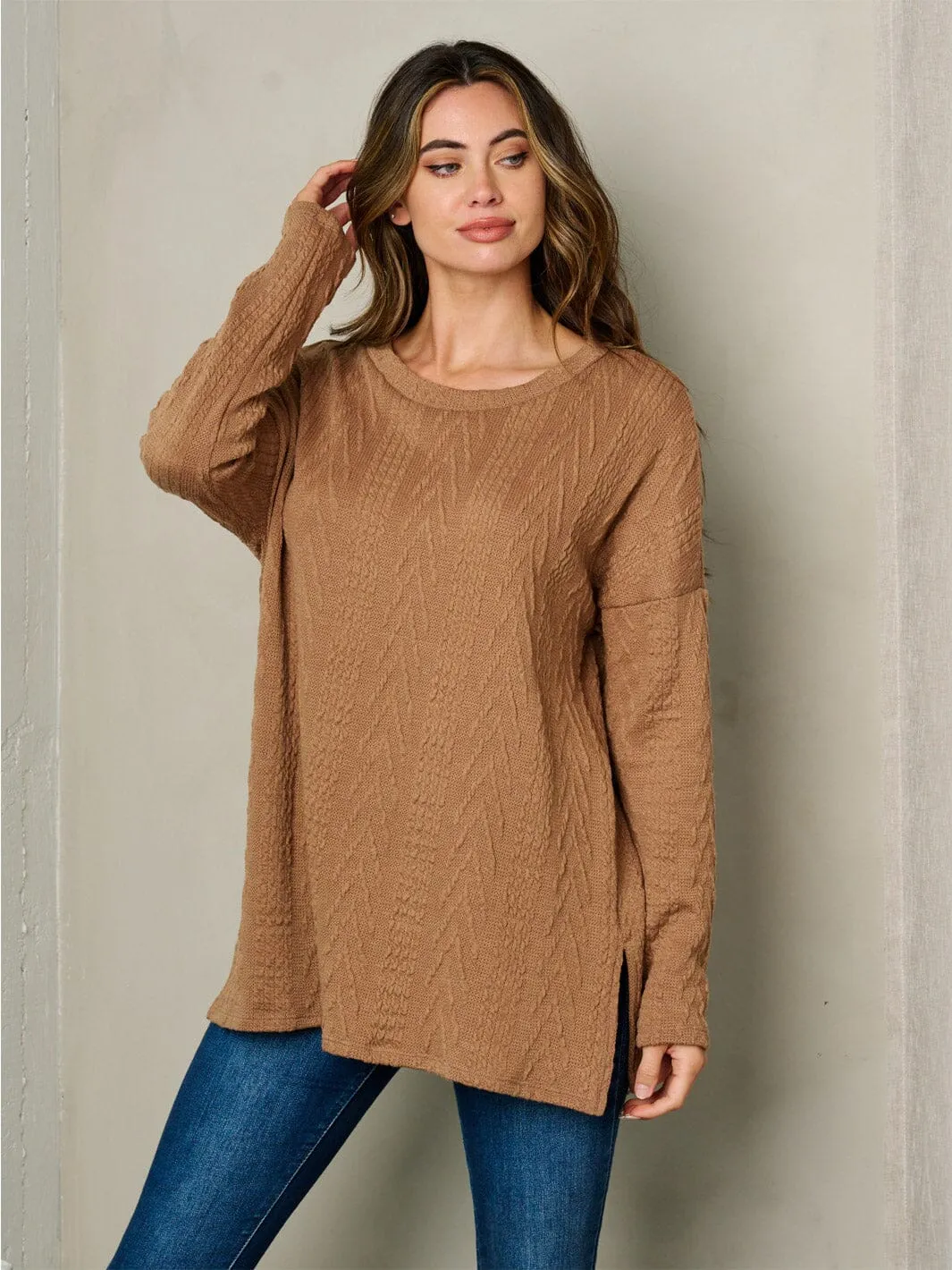 WOMEN'S LONG SLEEVE CABLE KNIT LOOSE FIT TOP