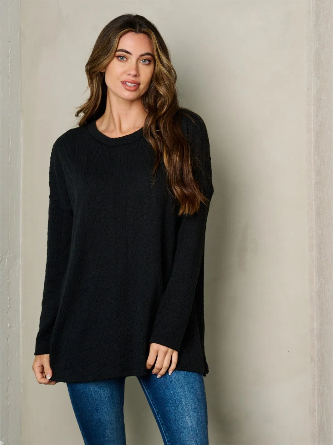 WOMEN'S LONG SLEEVE CABLE KNIT LOOSE FIT TOP