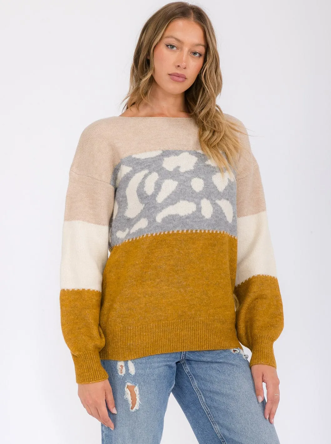 WOMEN'S LONG SLEEVE COLORBLOCK ANIMAL PRINT PULLOVER SWEATER