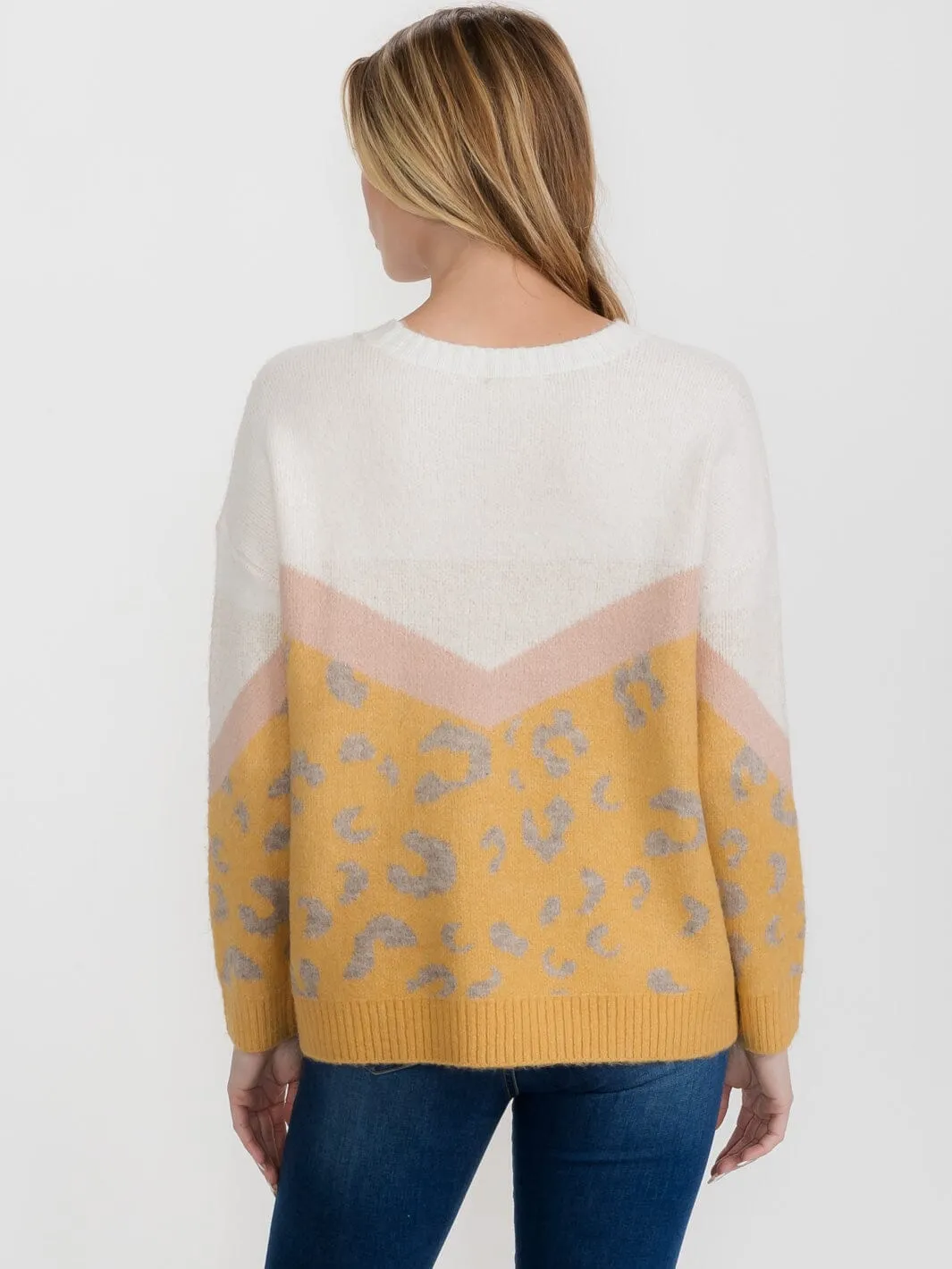 WOMEN'S LONG SLEEVE COLORBLOCK ANIMAL PRINT PULLOVER SWEATER