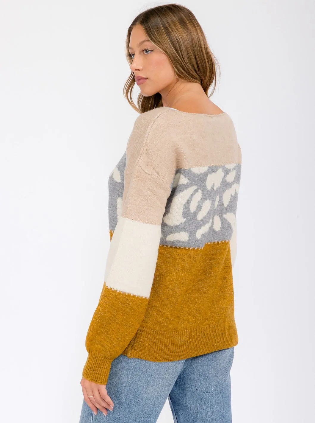 WOMEN'S LONG SLEEVE COLORBLOCK ANIMAL PRINT PULLOVER SWEATER