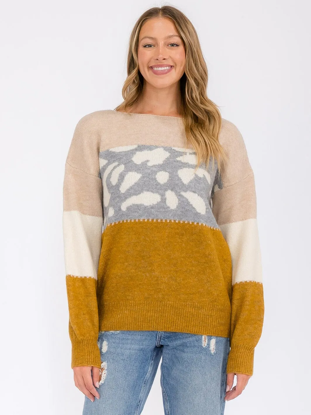 WOMEN'S LONG SLEEVE COLORBLOCK ANIMAL PRINT PULLOVER SWEATER