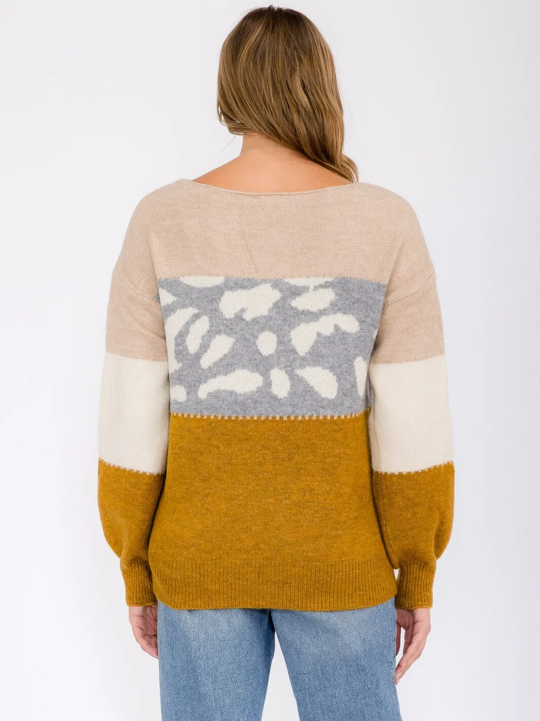 WOMEN'S LONG SLEEVE COLORBLOCK ANIMAL PRINT PULLOVER SWEATER