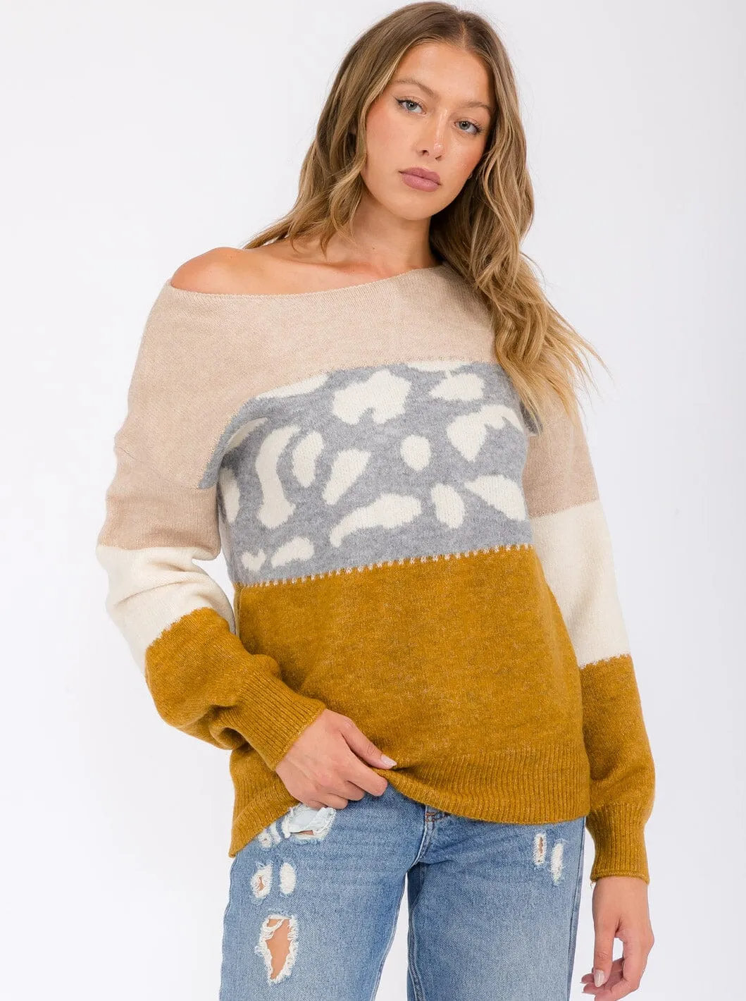 WOMEN'S LONG SLEEVE COLORBLOCK ANIMAL PRINT PULLOVER SWEATER