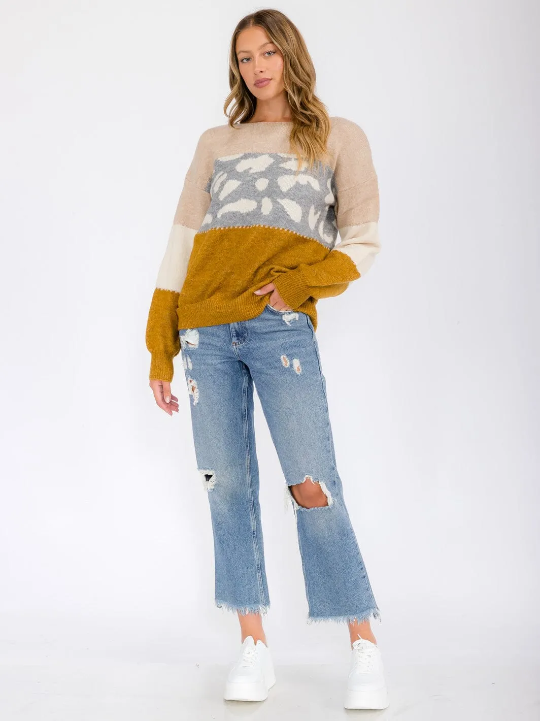 WOMEN'S LONG SLEEVE COLORBLOCK ANIMAL PRINT PULLOVER SWEATER