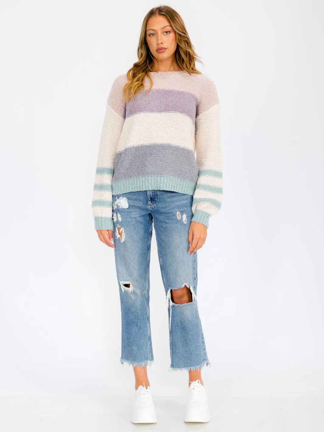 WOMEN'S LONG SLEEVE COLORBLOCK PULLOVER SWEATER