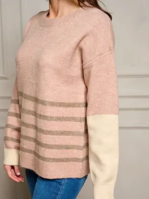 WOMEN'S LONG SLEEVE COLORBLOCK STRIPES PULLOVER SWEATER