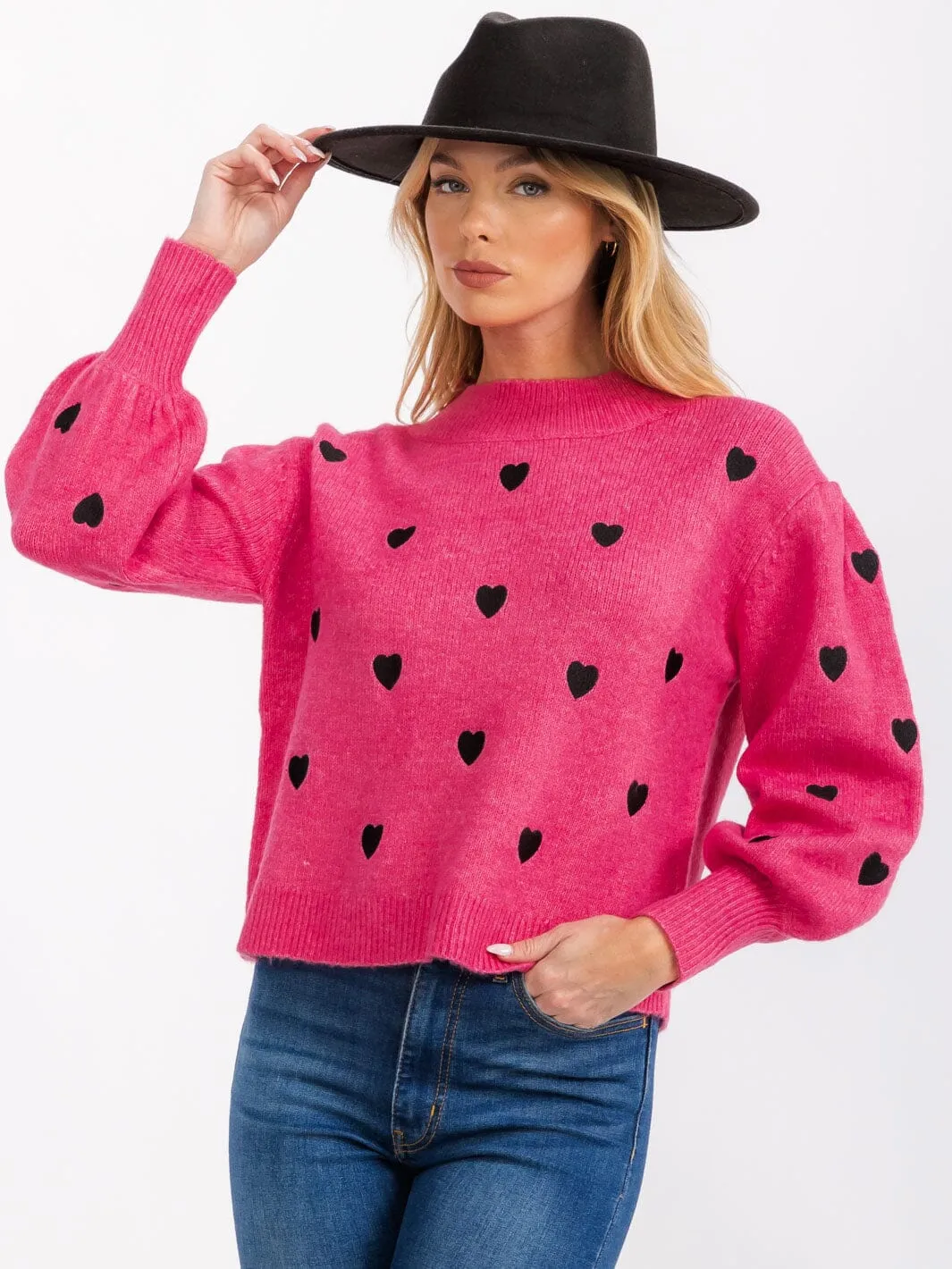 WOMENS' LONG SLEEVE EMROIDERY HEART PULLOVER SWEATER
