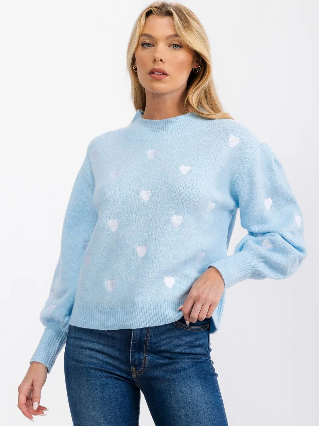 WOMENS' LONG SLEEVE EMROIDERY HEART PULLOVER SWEATER
