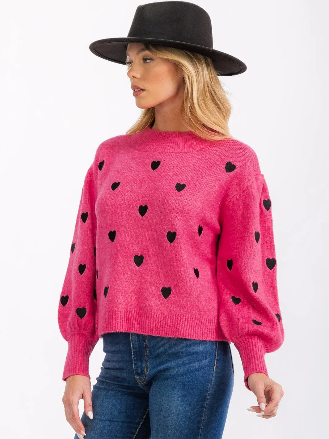 WOMENS' LONG SLEEVE EMROIDERY HEART PULLOVER SWEATER
