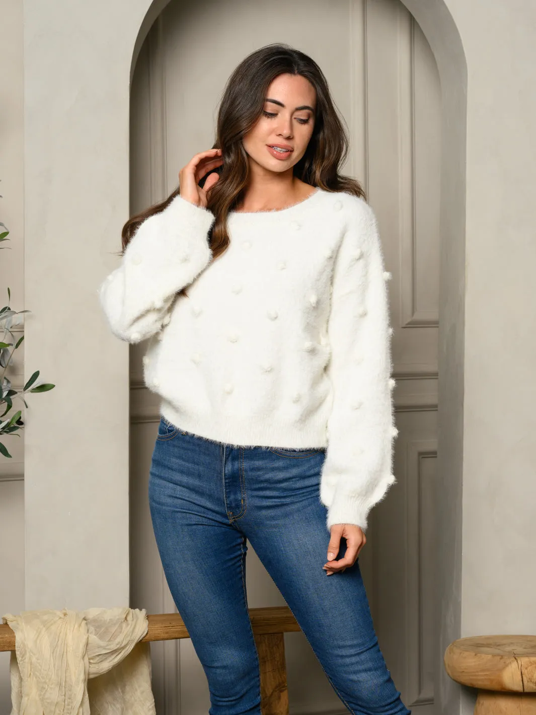 WOMEN'S LONG SLEEVE FUZZY WITH POM POM DETAILED SWEATER