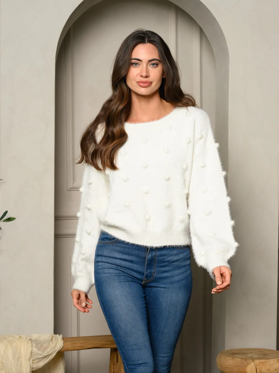 WOMEN'S LONG SLEEVE FUZZY WITH POM POM DETAILED SWEATER