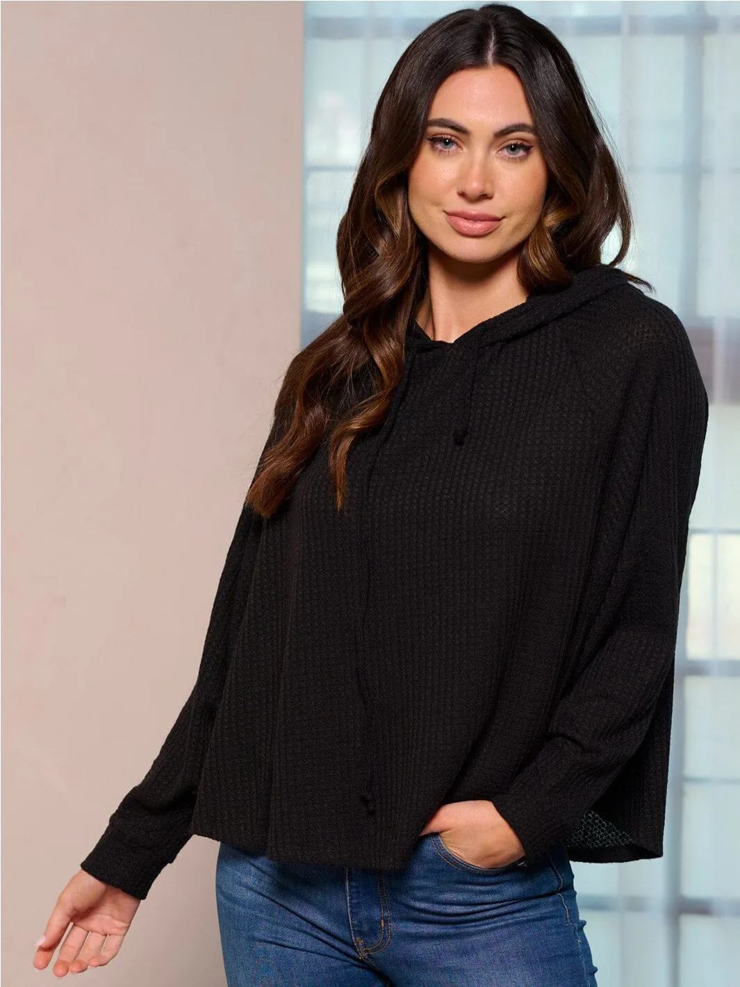 WOMEN'S LONG SLEEVE HOODED LOOSE FIT WAFFLE TOP
