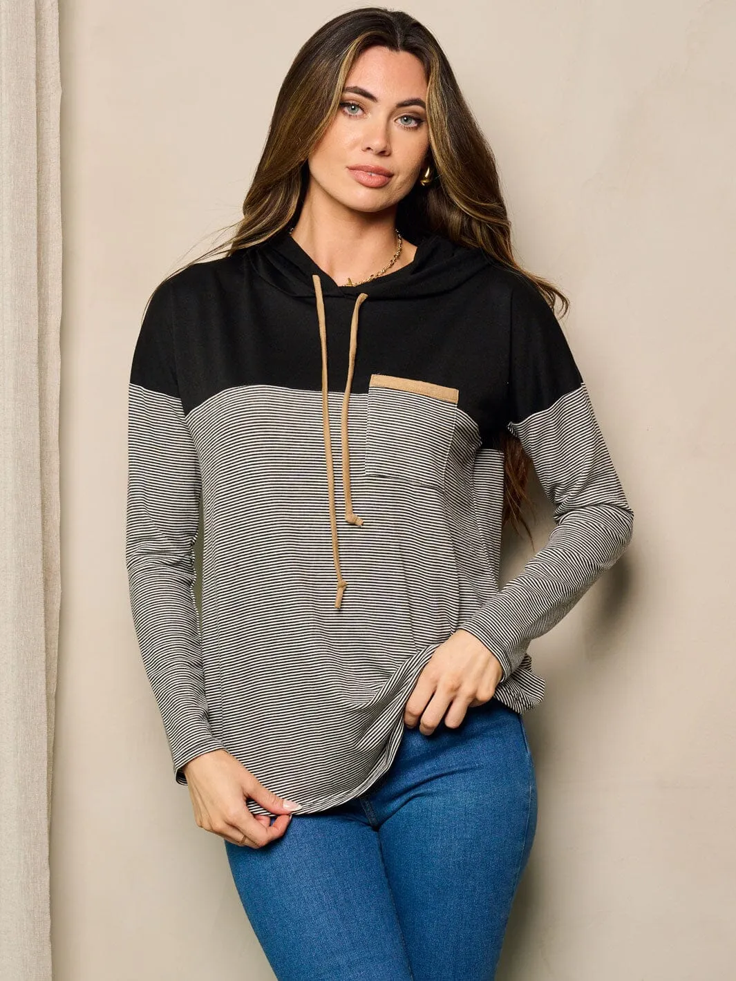 WOMEN'S LONG SLEEVE STRIPES HOODED LOOSE FIT TOP
