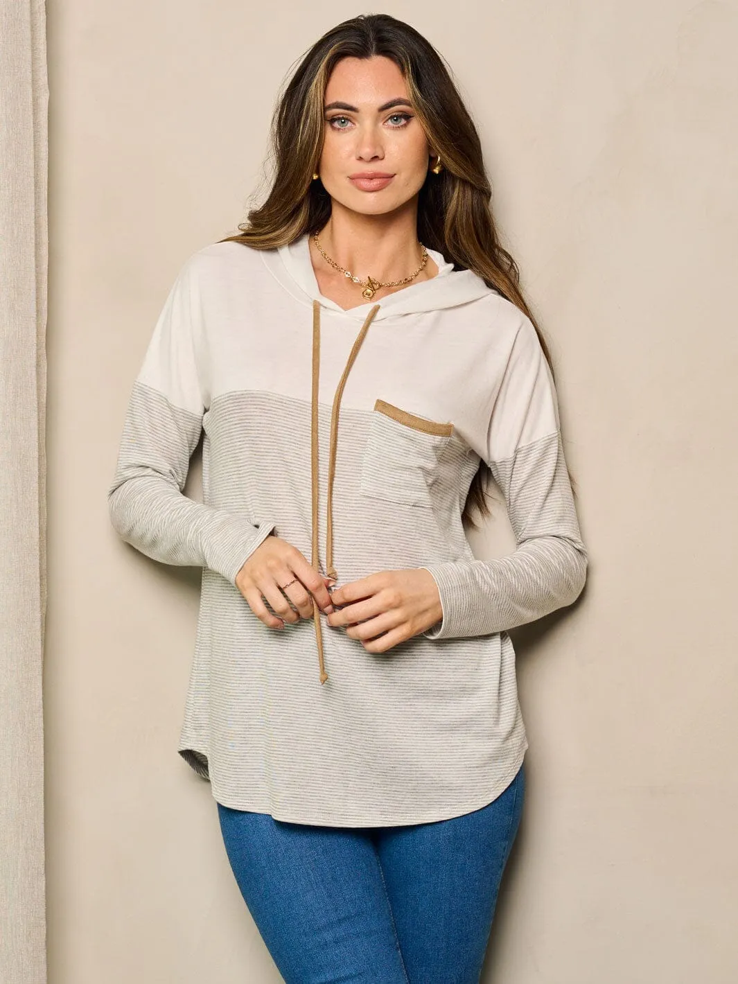 WOMEN'S LONG SLEEVE STRIPES HOODED LOOSE FIT TOP