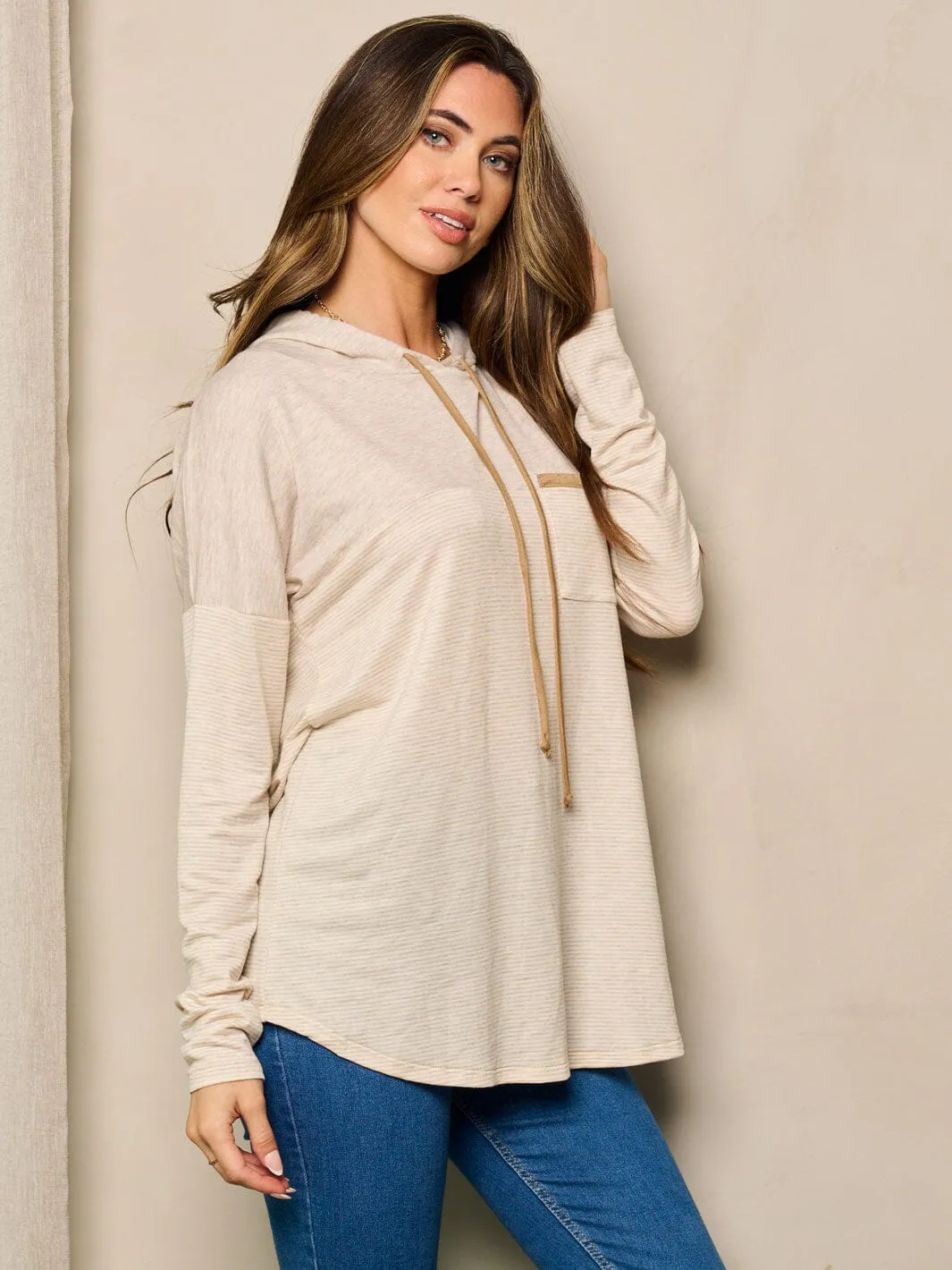 WOMEN'S LONG SLEEVE STRIPES HOODED LOOSE FIT TOP