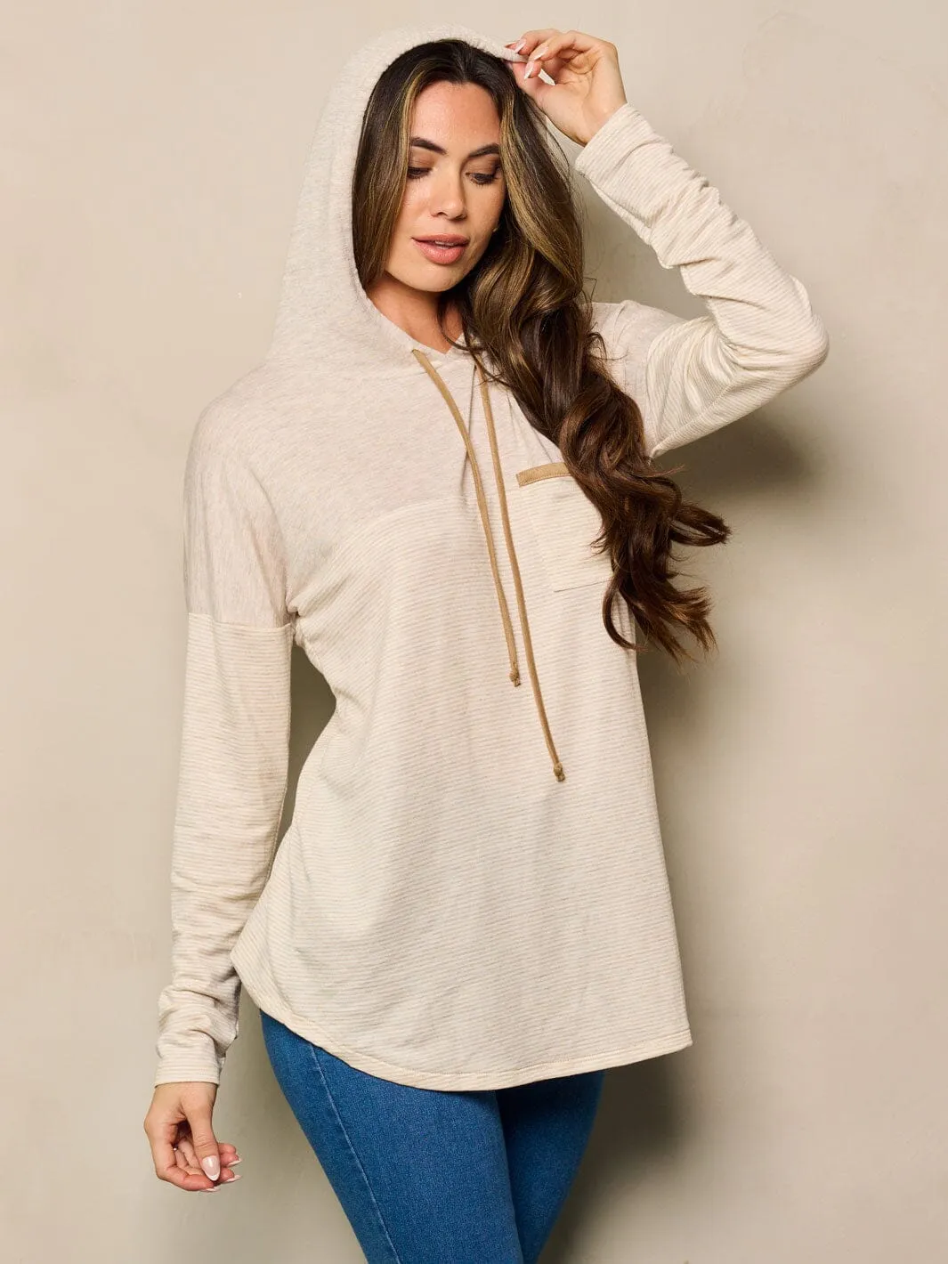WOMEN'S LONG SLEEVE STRIPES HOODED LOOSE FIT TOP