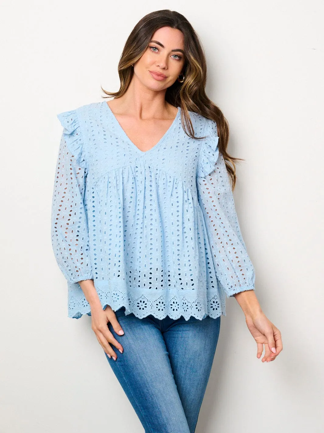 WOMEN'S LONG SLEEVE V-NECK RUFFLE EYELET BLOUSE TOP