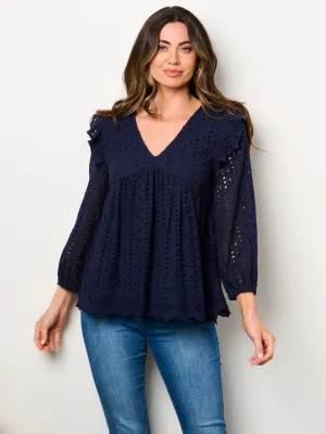 WOMEN'S LONG SLEEVE V-NECK RUFFLE EYELET BLOUSE TOP
