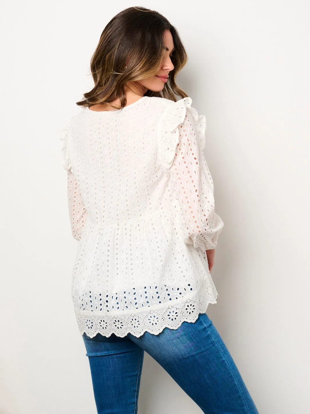WOMEN'S LONG SLEEVE V-NECK RUFFLE EYELET BLOUSE TOP