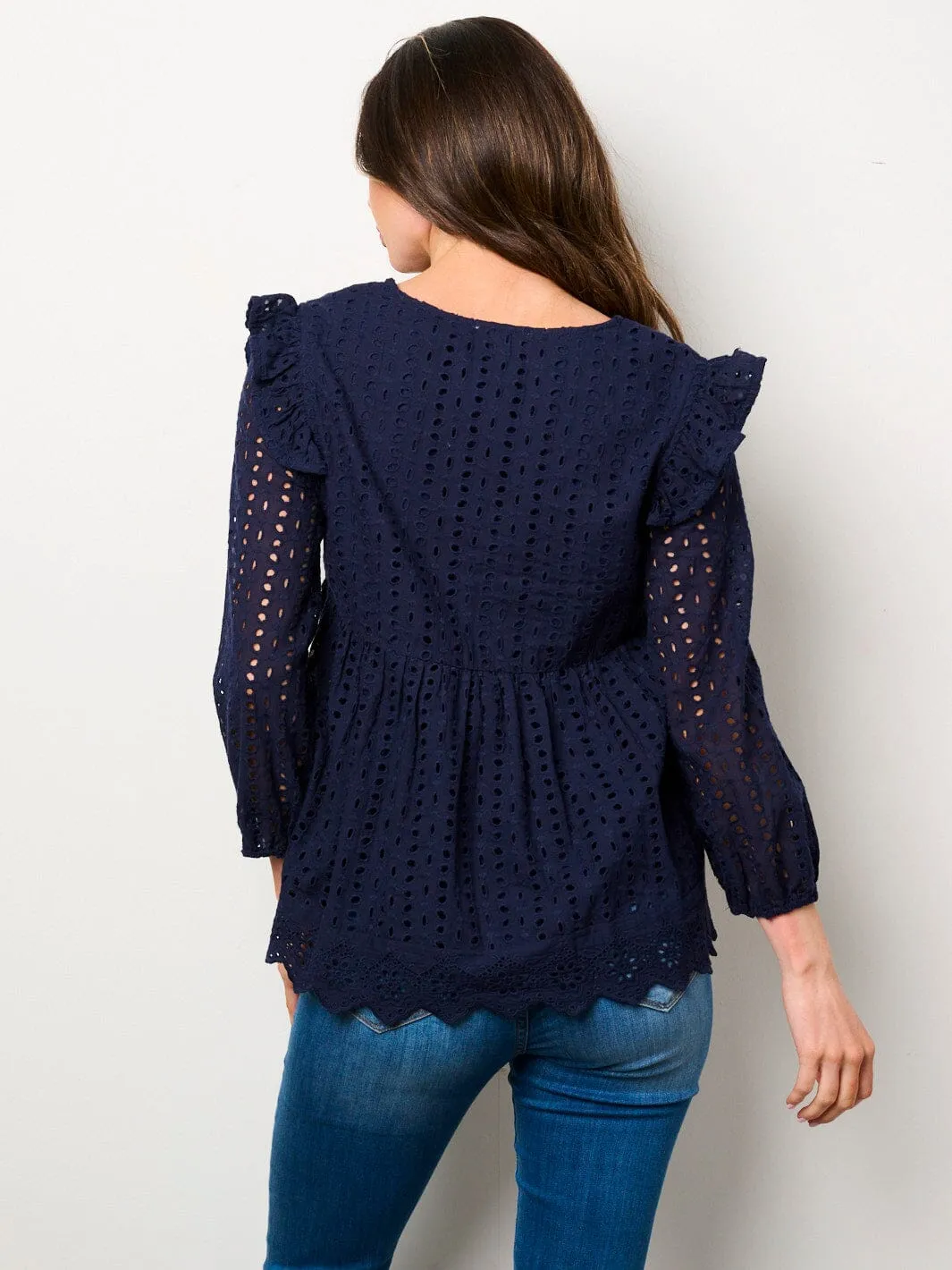 WOMEN'S LONG SLEEVE V-NECK RUFFLE EYELET BLOUSE TOP